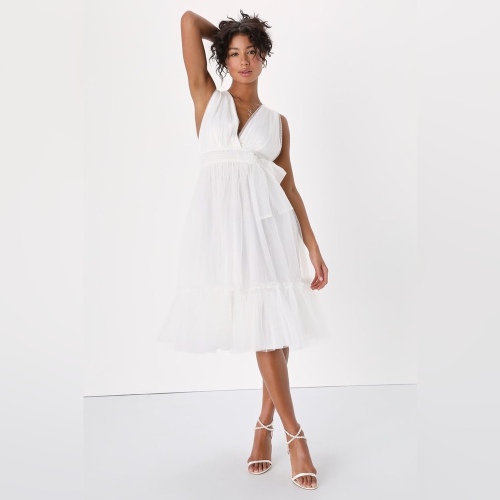 Lulus White Midi Dress Utmost Elegance Swiss Dot Sleeveless Tiered Size Sm $98 - Picture 4 of 8